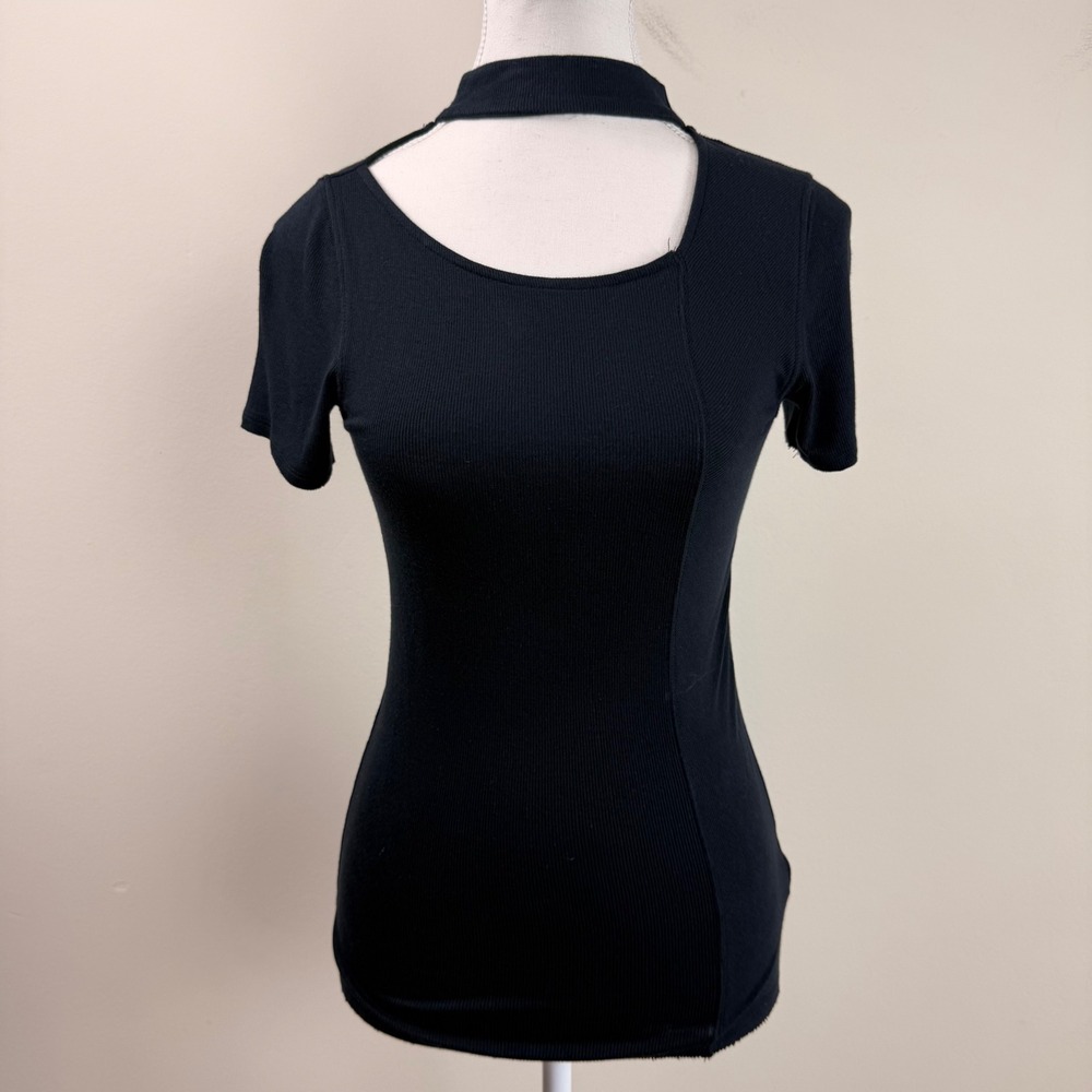 We‎ The Free Free People Black Ribbed Choker Cutout Top Short Sleeve Small